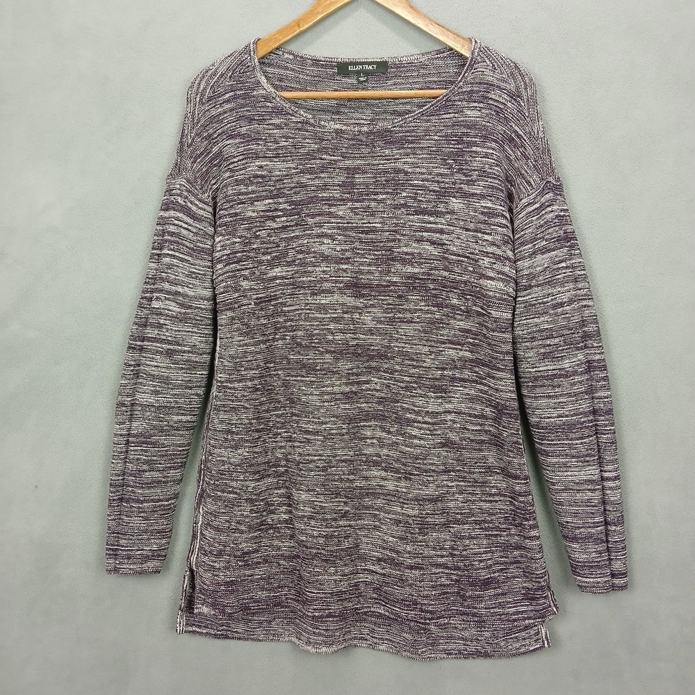 Ellen Tracy Tunic Sweater Womens Large Bordeaux Ivory Side Slits‎ Long Sleeve